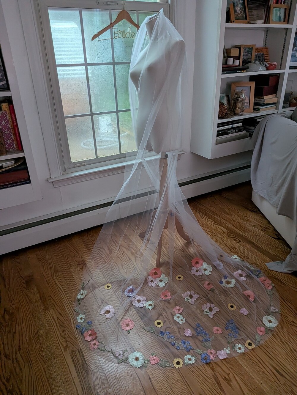 Floral Embroidered  White Veil Chapel Length